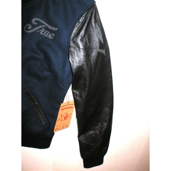 New NWT Womens True Religion Varsity Leather Jacket M Dark Navy Blue Black Wool - Picture 4 of 11